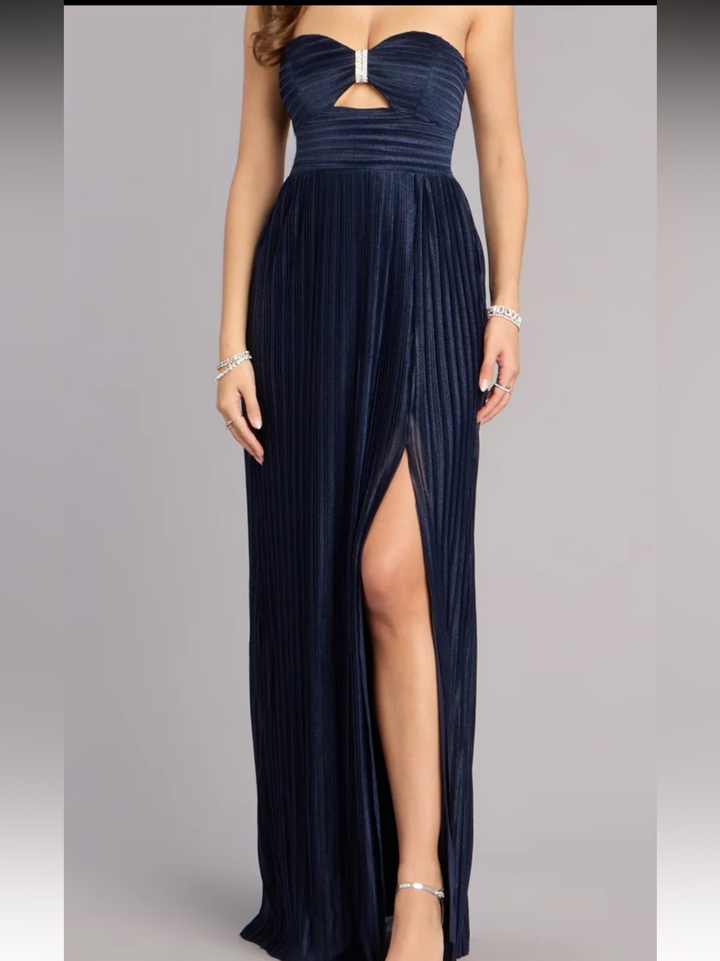 Navy Pleated Maxi Dress With Side Slit